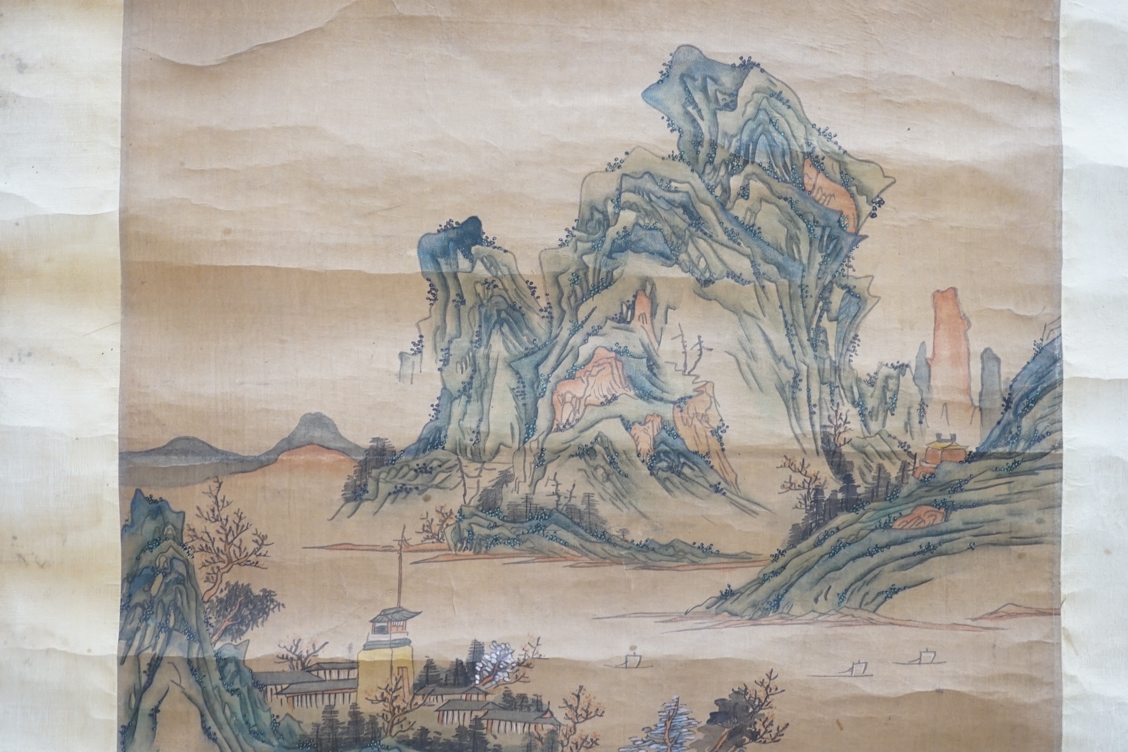 A Chinese scroll painting and scroll rubbing. Condition - poor